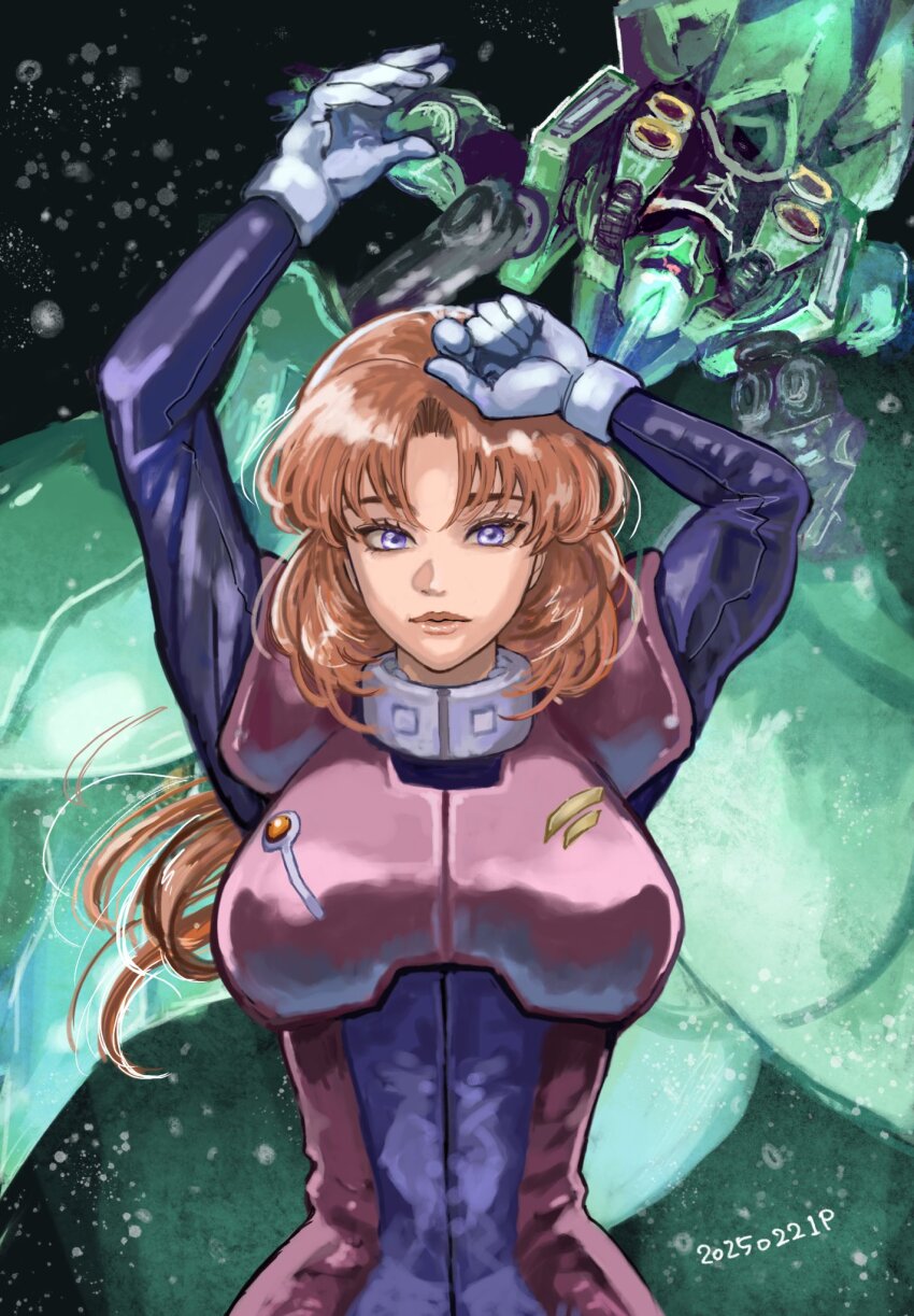 1girl gundam gundam_unicorn highres long_hair looking_at_viewer marida_cruz mecha mecha_pilot_suit mobile_suit normal_suit_(gundam) okrdisk2000 orange_hair purple_eyes robot solo space