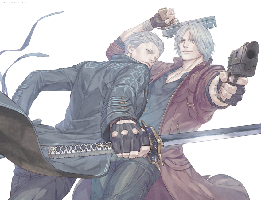 2boys arm_up black_gloves black_pants black_shirt blue_coat blue_eyes brothers closed_mouth coat collarbone commentary_request dante_(devil_may_cry) devil_may_cry_(series) devil_may_cry_5 dual_wielding feet_out_of_frame fingerless_gloves floating_clothes glove_cutout gloves grey_hair gun hair_slicked_back handgun holding holding_gun holding_sword holding_weapon katana male_focus multiple_boys open_clothes open_coat outstretched_arm pants parted_bangs pectoral_cleavage pectorals red_coat shirt short_hair short_sideburns siblings simple_background sleeves_rolled_up smile sword talgi twins unzipped vergil_(devil_may_cry) weapon white_background yamato_(sword) zipper