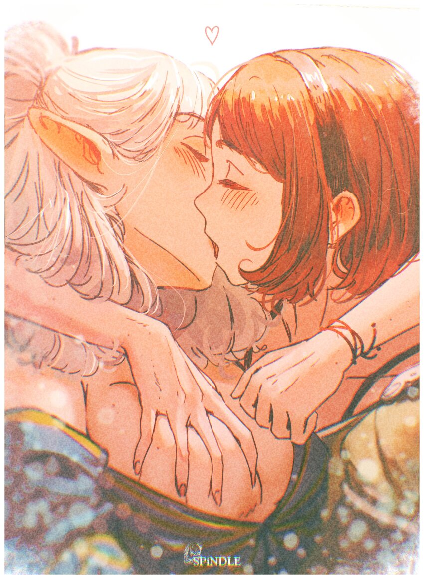 2girls absurdres arm_around_neck artist_logo artist_name asimov_(spindle_(aidenr0)) blue_shirt blurry blush bob_cut body_freckles bokeh border bra_strap bracelet brown_hair brown_hairband chromatic_aberration closed_mouth couple depth_of_field elf eyelashes freckles french_kiss grabbing_another&#039;s_breast green_shirt groping hair_bun hairband hand_on_another&#039;s_cheek hand_on_another&#039;s_face heart highres hug jewelry kiss logo long_sleeves loose_hair_strand medium_hair multiple_girls off_shoulder original ottilie_(spindle_(aidenr0)) pointy_ears shirt short_hair single_hair_bun spindle_(aidenr0) white_background white_border white_hair yellow_trim yuri