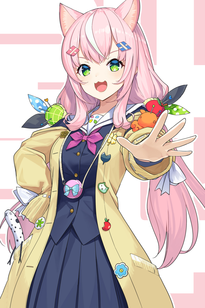 1girl absurdres animal_ear_fluff animal_ears apple_hair_ornament blue_skirt bow bowtie buttons cardigan cat_ears food-themed_hair_ornament green_eyes hair_ornament hand_on_own_hip highres long_hair low_twintails multicolored_hair mytea_(soso) nijisanji nijisanji_kr open_cardigan open_clothes open_mouth pink_bow pink_bowtie pink_hair ribbon ribbon-trimmed_cardigan sailor_collar school_uniform skirt solo streaked_hair twintails virtual_youtuber white_hair white_ribbon yang_nari yang_nari_(1st_costume) yellow_cardigan