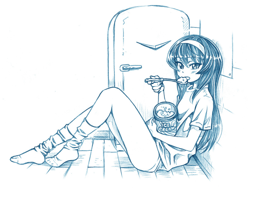 1girl against_wall bbb_(friskuser) blue_theme commentary eating food from_side girls_und_panzer hairband holding holding_food holding_spoon ice_cream indoors leaning_back long_hair looking_at_viewer loose_socks loungewear monochrome no_pants on_floor open_mouth panties refrigerator reizei_mako shirt short_sleeves sitting socks solo spoon t-shirt underwear wooden_floor