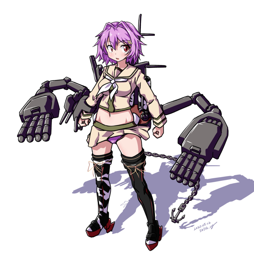 1girl 547th_sy anchor animal_print asymmetrical_legwear beige_sailor_collar beige_serafuku beige_skirt boots breasts cannon commentary_request cosplay dated female_focus full_body highres kantai_collection kitakami_(kancolle) kitakami_(kancolle)_(cosplay) looking_at_viewer machinery medium_breasts midriff neckerchief ooi_(kancolle) ooi_(kancolle)_(cosplay) panties pantyshot pink_hair pink_panties red_eyes sailor_collar school_uniform serafuku shadow ship_turret short_hair simple_background solo standing tama_(kancolle) thigh_boots thighhighs tiger_print twitter_username underwear uneven_legwear white_background white_neckerchief