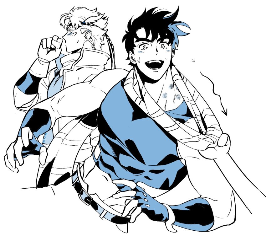 2boys arms_up arrow_(symbol) battle_tendency belt belt_buckle blush buckle caesar_anthonio_zeppeli clothes_pull collared_jacket commentary compression_shirt compression_sleeve coughing couple disembodied_hand fake_head_wings fingerless_gloves gloves hair_ornament hakmonss headband hickey high_collar highres implied_yaoi jacket jojo_no_kimyou_na_bouken joseph_joestar male_focus midriff multiple_boys muscular muscular_male open_mouth pants partially_colored patterned_clothing scarf scarf_pull shirt simple_background sleeveless sleeveless_shirt striped_clothes striped_scarf sweatdrop symbol-only_commentary vertical-striped_clothes white_background wing_hair_ornament
