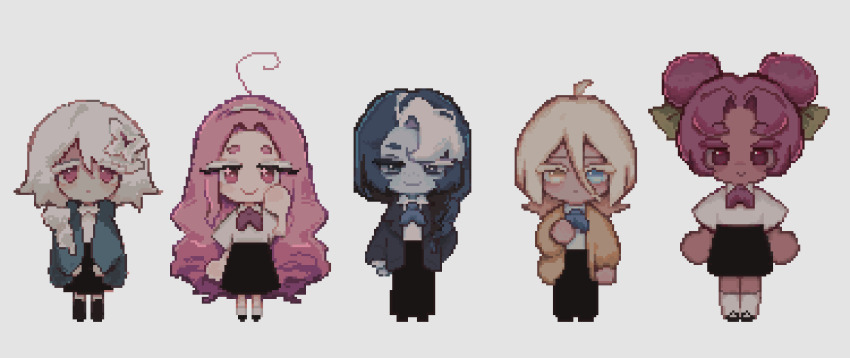 2boys 3girls blonde_hair blue_eyes chibi commentary cookie_run cookie_run:_kingdom english_commentary eternal_sugar_cookie full_body heterochromia highres hollyberry_cookie humanization long_hair long_sleeves looking_at_viewer multiple_boys multiple_girls parted_bangs pixel_art pure_vanilla_cookie school_uniform shadow_milk_cookie short_hair simple_background sourcream_zzz very_long_hair white_hair white_lily_cookie