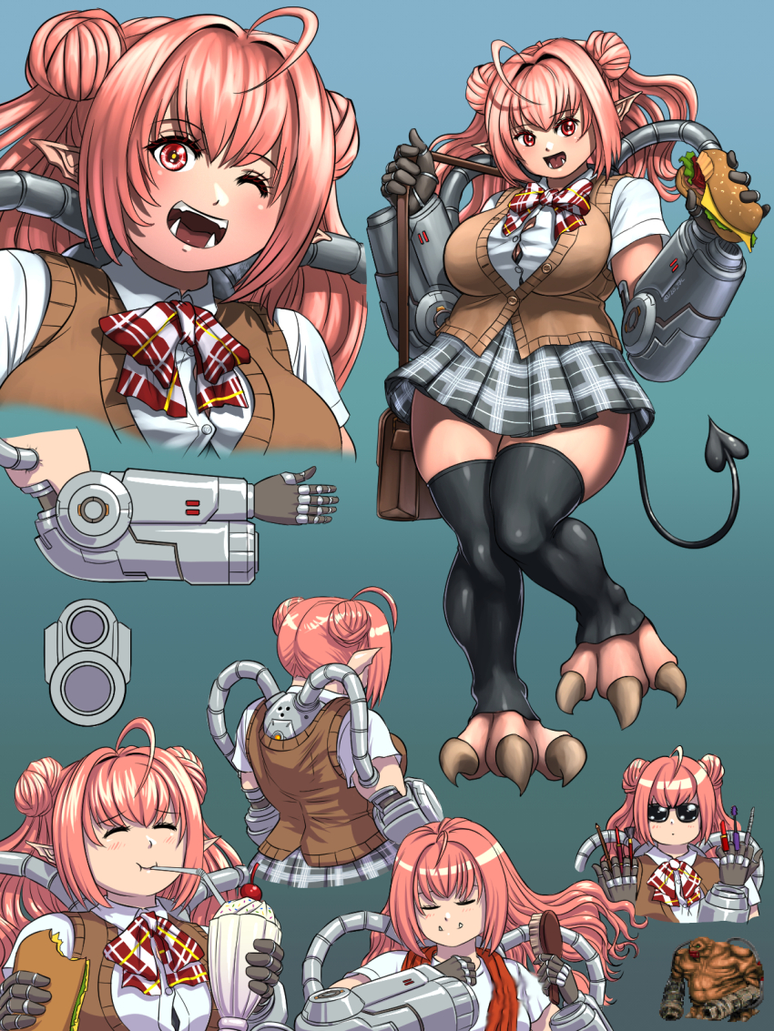 1girl ahoge black_tail bow bowtie breasts brown_vest cyborg demon_girl demon_tail detached_leggings doom_(series) doom_ii double_bun fangs fewer_digits grey_skirt gyaru hair_bun highres large_breasts long_hair mancubus miniskirt one_eye_closed personification pink_hair plaid_bow plaid_bowtie plaid_clothes plaid_skirt pleated_skirt pointy_ears red_eyes school_uniform shirt skirt substance20 sunglasses tail vest white_shirt