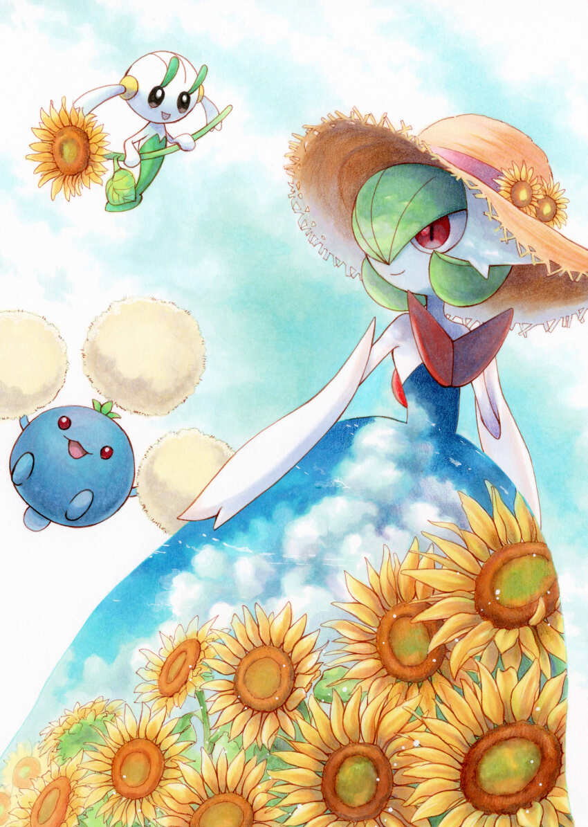 1girl :3 absurdres arms_at_sides bare_shoulders black_eyes bob_cut closed_mouth clothed_pokemon cloud colored_skin day double_exposure dress elbow_gloves female_focus field flabebe flat_chest floating flower flower_field full_body gardevoir gen_2_pokemon gen_3_pokemon gen_6_pokemon gloves green_hair hair_over_one_eye happy hat hat_flower highres holding holding_flower jumpluff long_dress looking_afar marker_(medium) mega_gardevoir mega_pokemon nintendo one_eye_covered outdoors pokemon pokemon_(creature) red_eyes short_hair sky smile strapless strapless_dress straw_hat sunflower traditional_media white_gloves white_skin white_sky yellow_flower yellow_hat yuka_(yukaaaaaaa0705)
