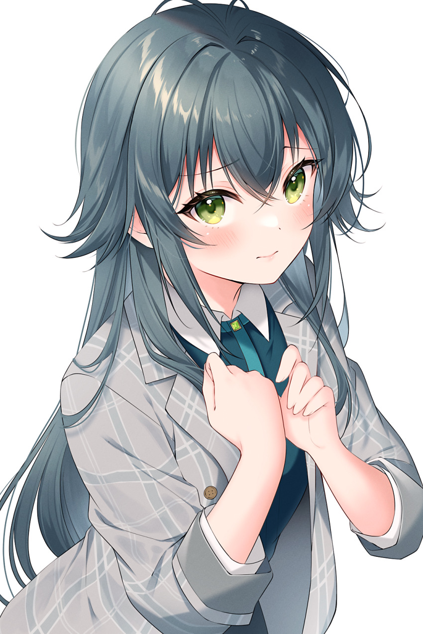 1girl blush coat commentary_request gakuen_idolmaster green_eyes green_hair green_shirt grey_coat hair_flaps haruhitooo highres idolmaster long_hair looking_at_viewer shirt simple_background solo tsukimura_temari very_long_hair white_background