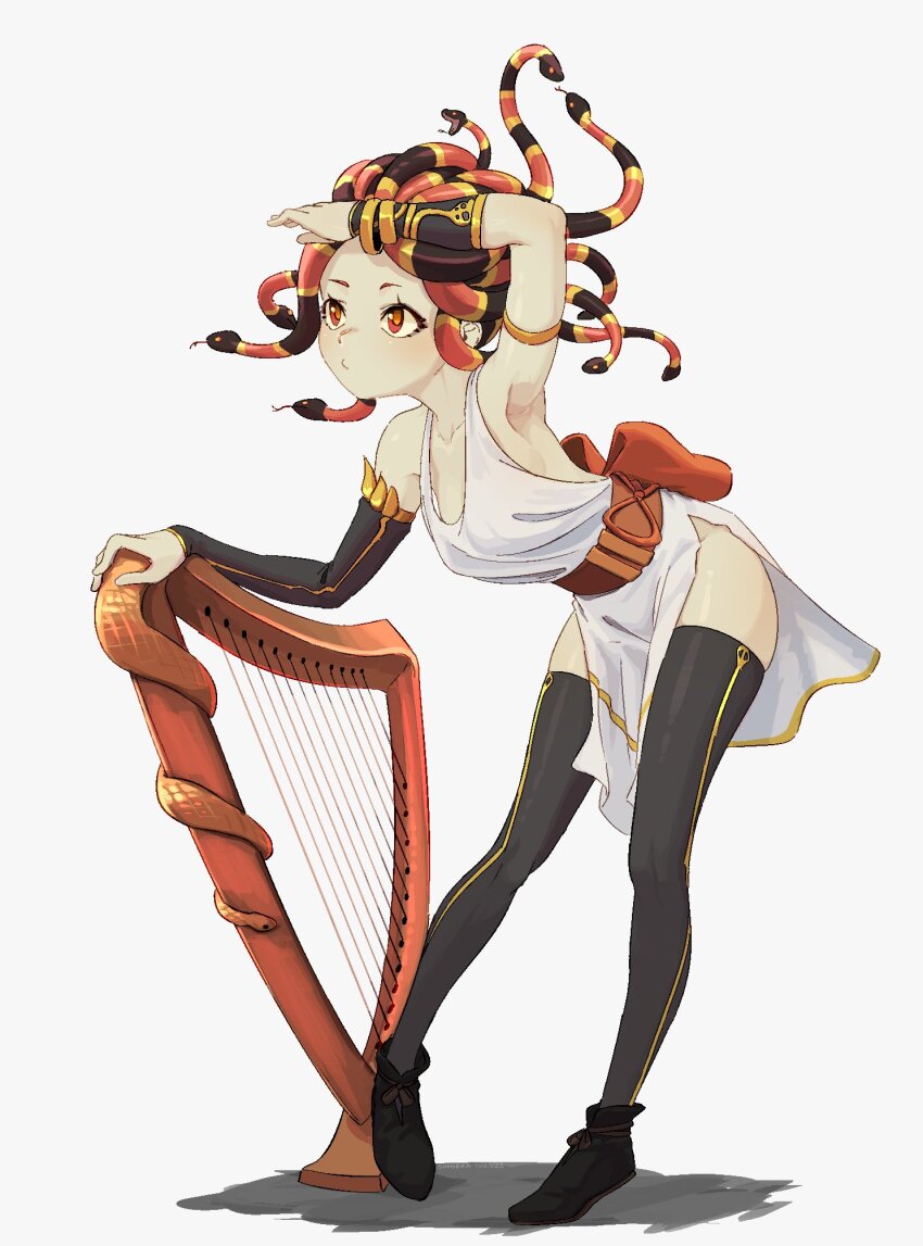 1girl ancient_greek_clothes armlet black_thighhighs bracelet commentary english_commentary full_body gauntlets gold_bracelet greco-roman_clothes harp highres instrument jewelry orange_pupils orange_ribbon original red_eyes ribbon snake snake_hair solo suweeka thighhighs white_background