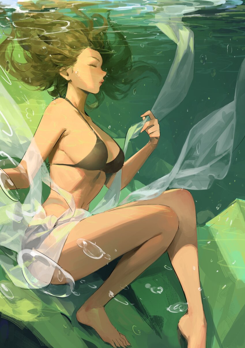 1girl absurdres bare_legs bare_shoulders bikini brown_hair bubble closed_eyes floating_hair green_background highres jung_wonjo long_hair navel original sidelocks simple_background sitting solo swimsuit underwater water water_drop