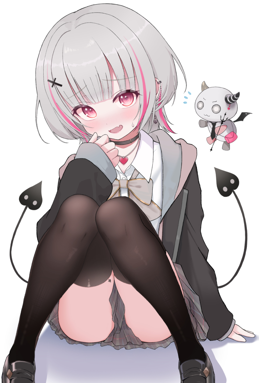 1girl asumi_sena asumi_sena_(4th_costume) black_choker black_jacket blunt_bangs blush bow bowtie brown_footwear brown_thighhighs choker collared_shirt cross_hair_ornament demon demon_tail dress_shirt ear_chain earrings fang flying_sweatdrops grey_bow grey_bowtie grey_hair grey_skirt hair_ornament heart heart_earrings heart_necklace highres jacket jewelry kazumiya_yayoi linked_piercing loafers long_sleeves looking_at_viewer m_legs mascot miniskirt multicolored_hair multiple_tails necklace nose_blush piercing pink_eyes pink_hair pleated_skirt school_uniform shirt shoes sitting skin_fang skirt sleeves_past_wrists spread_legs streaked_hair tail thighhighs thighs two_tails virtual_youtuber vspo! white_shirt wing_collar wolf_cut zipper