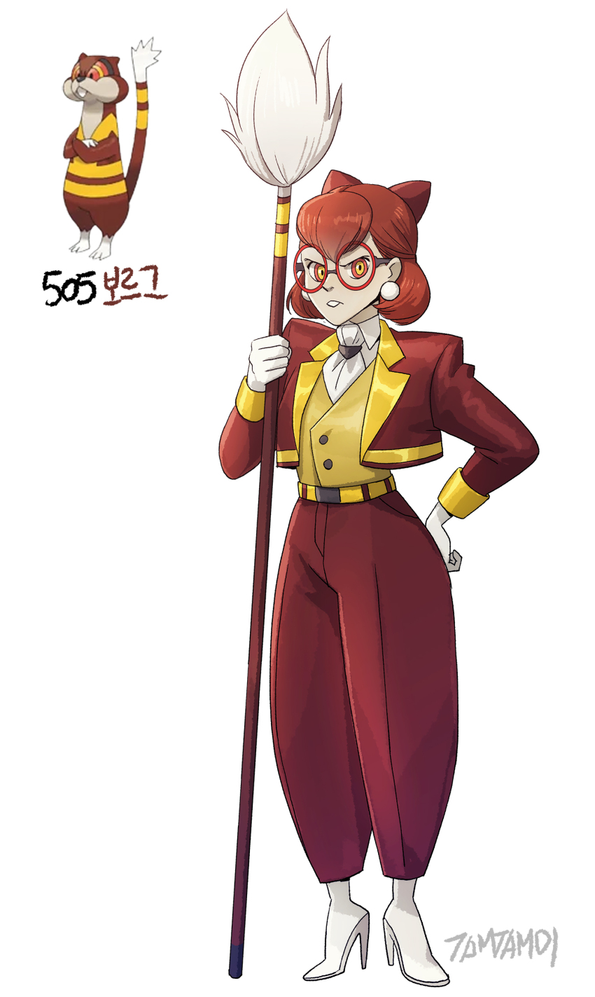 1girl absurdres ascot belt broom buck_teeth creature_and_personification earrings full_body gen_5_pokemon glaring gloves hand_on_own_hip highres holding holding_broom jacket jewelry nintendo pants personification pokemon red-framed_eyewear red_hair red_jacket red_pants round_eyewear short_hair signature simple_background standing tamtamdi teeth vest watchog white_ascot white_background white_footwear white_gloves yellow_belt yellow_vest