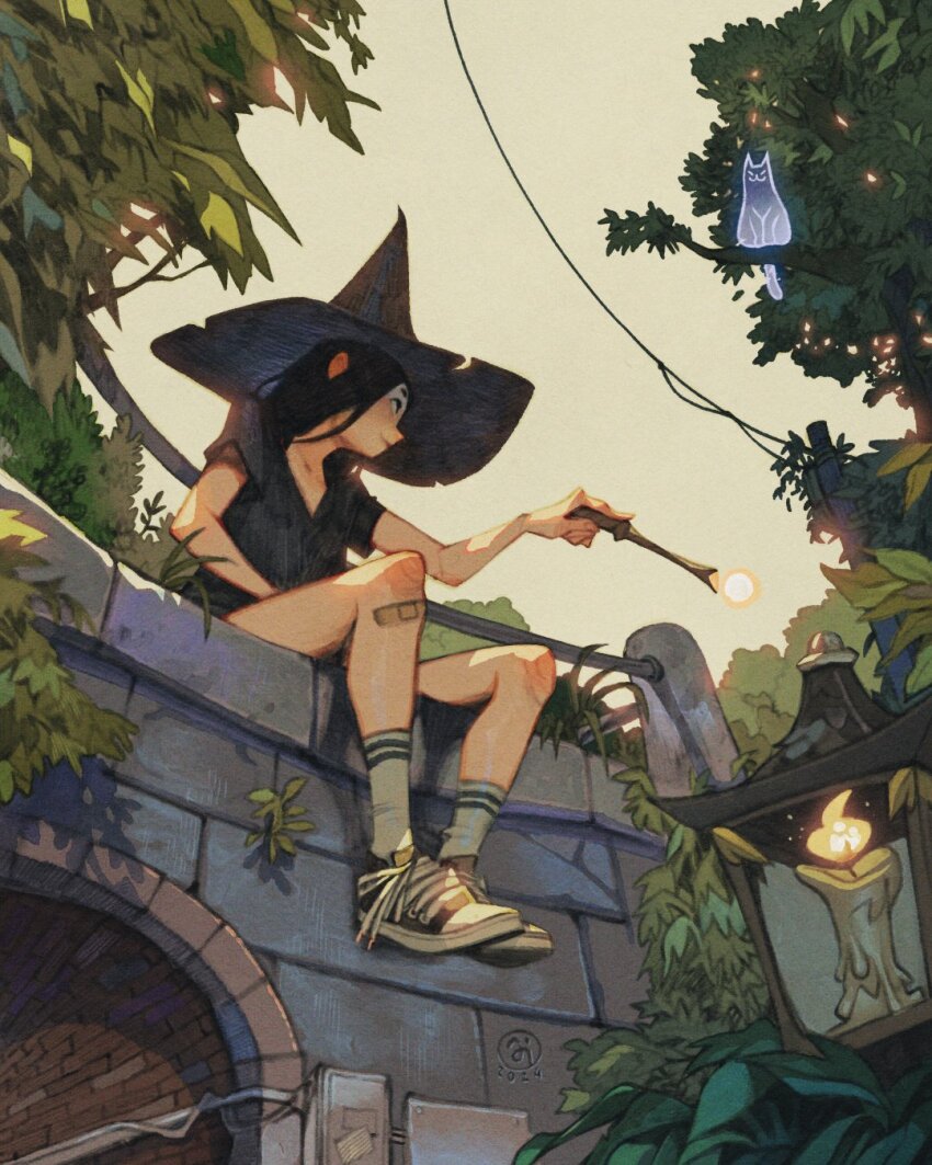 1girl artist_logo bandaid bandaid_on_leg black_hair black_shirt candle cat closed_mouth commentary day english_commentary ghost hat highres holding holding_wand lantern logo long_hair looking_to_the_side original outdoors overgrown power_lines railing shirt shoes simz sitting_on_wall sky slice_of_life sneakers socks solo stone_wall tree tunnel utility_pole wand white_socks witch_hat yellow_sky