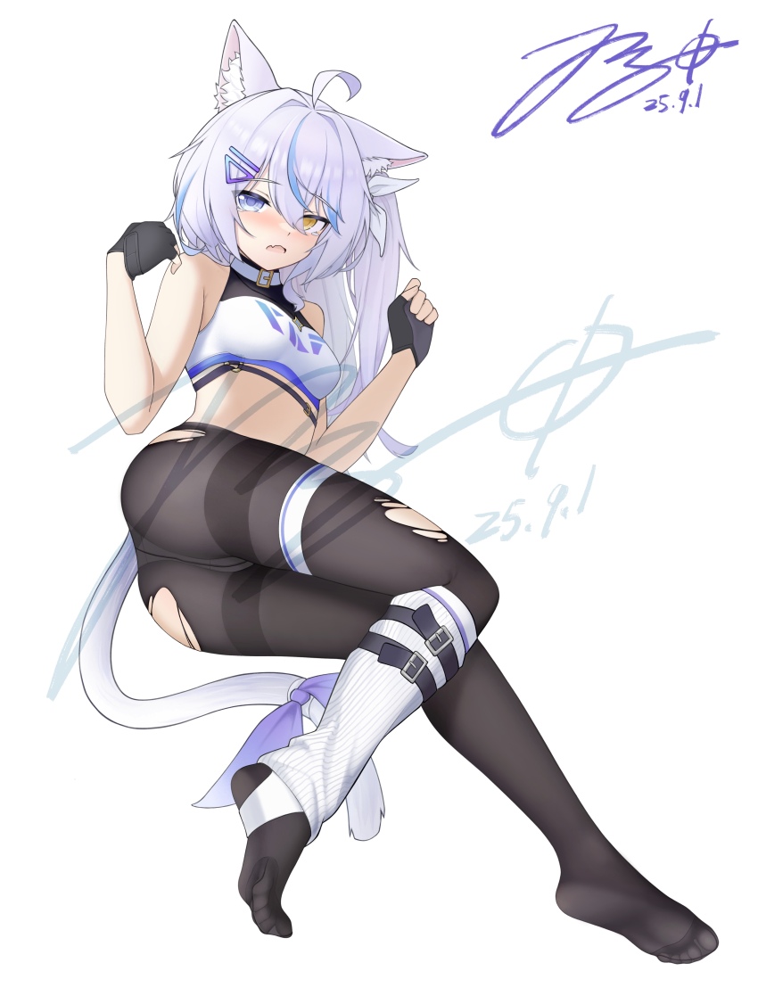 1girl absurdres ahoge animal_ear_fluff animal_ears bare_shoulders barefoot black_gloves black_pantyhose breasts choker crop_top fingerless_gloves gloves grey_hair highres jerry_wang leg_warmers long_hair looking_at_viewer lying on_side open_mouth original pantyhose skindentation small_breasts soles solo tail torn_clothes torn_pantyhose turtleneck white_pantyhose