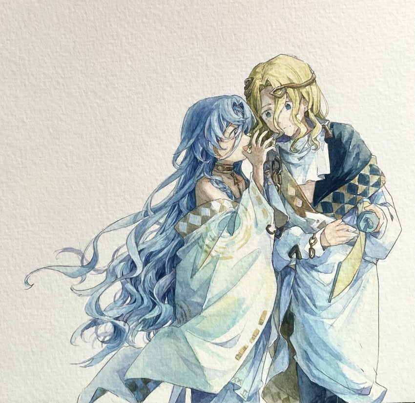 1boy 1girl 37_(reverse:1999) 6_(reverse:1999) absurdres ancient_greek_clothes bare_shoulders blonde_hair blue_eyes blue_hair circlet covering_own_mouth dongfang_shuyechu gold_choker greco-roman_clothes hair_between_eyes hand_over_own_mouth hand_up highres himation holding holding_scroll leaning_to_the_side long_hair looking_at_another open_mouth painting_(medium) profile reverse:1999 scroll toga traditional_media very_long_hair watercolor_(medium) wavy_hair whispering whispering_in_ear
