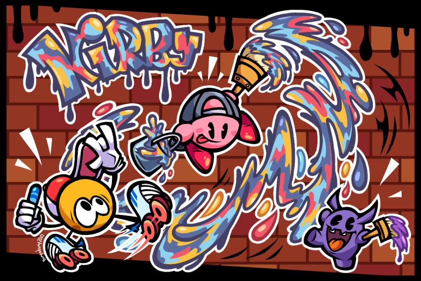 backwards_hat baseball_cap blush_stickers bumpadump2002 character_name gloves hat holding holding_paintbrush kirby kirby_(series) nintendo no_humans outline paint_roller_(kirby) paint_splatter paintbrush prank_(kirby) roller_skates signature skates tongue tongue_out white_gloves white_outline