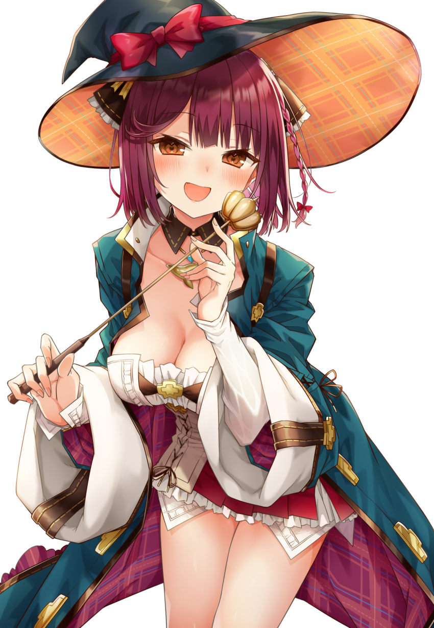 1girl :d alt_(ctrldel) atelier_(series) atelier_sophie atelier_sophie_2 blue_coat blush braid breasts cleavage coat commentary_request detached_collar dolphin_pendant dress fang hair_over_one_eye halloween_costume hands_up happy hat hat_ribbon headscarf highres holding holding_wand leaning_forward legs_together long_sleeves looking_at_viewer medium_breasts medium_hair open_clothes open_coat open_mouth orange_eyes red_hair red_ribbon ribbon single_braid smile solo sophie_neuenmuller wand wide_sleeves witch_hat