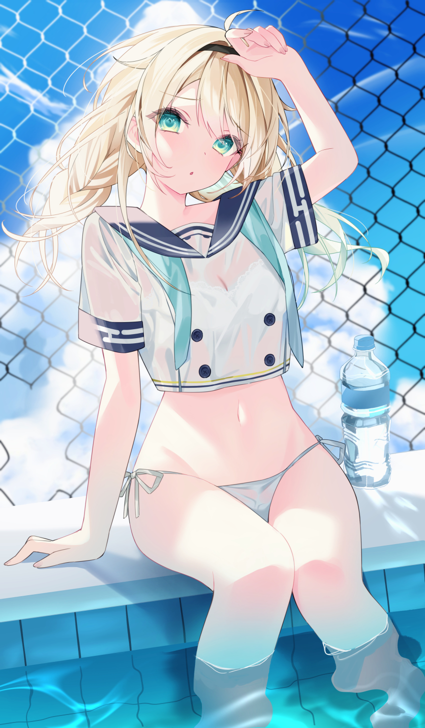 1girl absurdres ahoge aqua_eyes arm_up black_hairband blonde_hair blue_neckerchief blue_sailor_collar blue_sky bottle bra bra_visible_through_clothes braid breasts buttons chain-link_fence cleavage cloud commentary_request cumulonimbus_cloud day double-breasted fence hairband highres hololive kazama_iroha kazama_iroha_(school_uniform) knees_together_feet_apart low_twin_braids medium_breasts medium_hair midriff navel neckerchief no_pants official_alternate_costume official_alternate_hairstyle outdoors panties pool sailor_collar sailor_shirt school_uniform shirt short_sleeves side-tie_panties sitting sky soaking_feet solo swept_bangs twin_braids underwear undone_neckerchief ureinnn virtual_youtuber wet wet_clothes wet_shirt white_bra white_panties white_shirt
