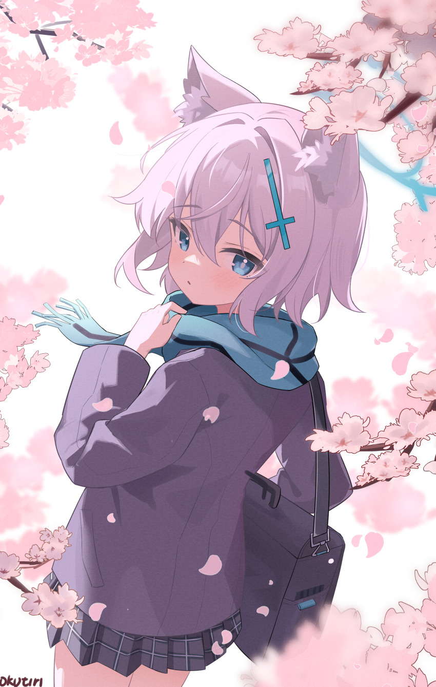 1girl :o absurdres animal_ear_fluff animal_ears aqua_eyes aqua_scarf black_skirt blazer blue_archive blue_jacket blush character_name commentary cross_hair_ornament exusiai_dust falling_petals grey_hair hair_ornament halo highres jacket looking_at_viewer mismatched_pupils outdoors petals plaid_clothes plaid_skirt pleated_skirt revision scarf school_uniform shiroko_(blue_archive) shiroko_(young)_(blue_archive) short_hair skirt solo wolf_ears