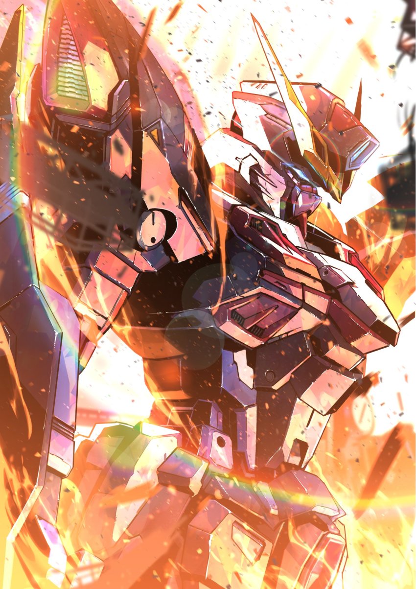 blitz_gundam blue_eyes from_side glowing glowing_eye gundam gundam_seed highres kuri_giepi lens_flare looking_down mecha mobile_suit no_humans robot solo