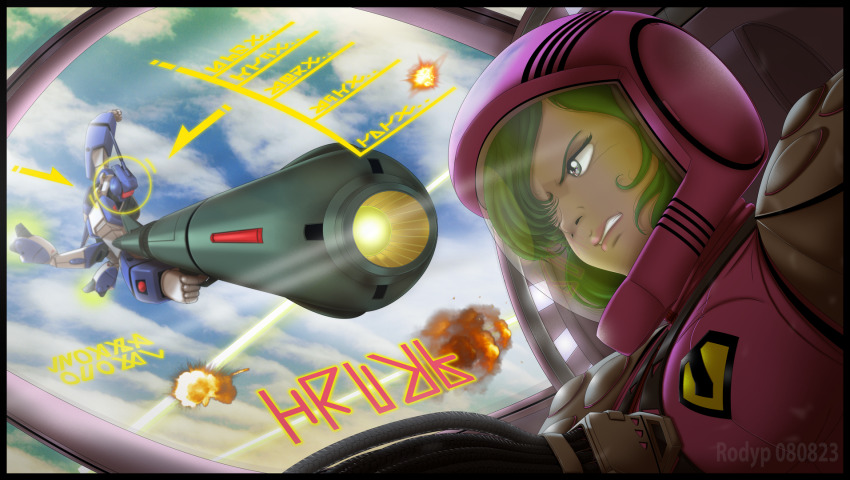 1girl aerial_battle aiming alien angry armor battle battroid cable choujikuu_yousai_macross clenched_teeth cloud cockpit defeat dogfight duel emblem explosion fake_screenshot flying giant giantess glowing green_hair gunpod heads-up_display helmet highres holographic_interface light maclone macross maximilian_jenius mecha meltrandi military military_uniform millia_jenius muzzle perspective pilot_suit power_armor queadluun-rau robot robotech rodypaxten screen spacesuit spanish_commentary spoilers teeth thrusters user_interface variable_fighter vf-1 vf-1a zentlardy_alphabet zentradi