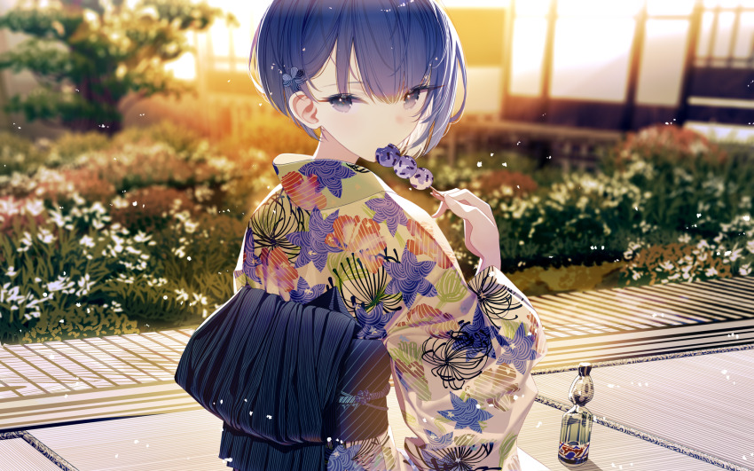 1girl architecture atha_(leejuiping) blue_eyes blue_hair commentary dango east_asian_architecture eating floral_print flower food hair_ornament highres japanese_clothes kimono kiritani_haruka looking_at_viewer looking_back obi project_sekai ramune sash short_hair solo wagashi white_flower yellow_kimono yukata