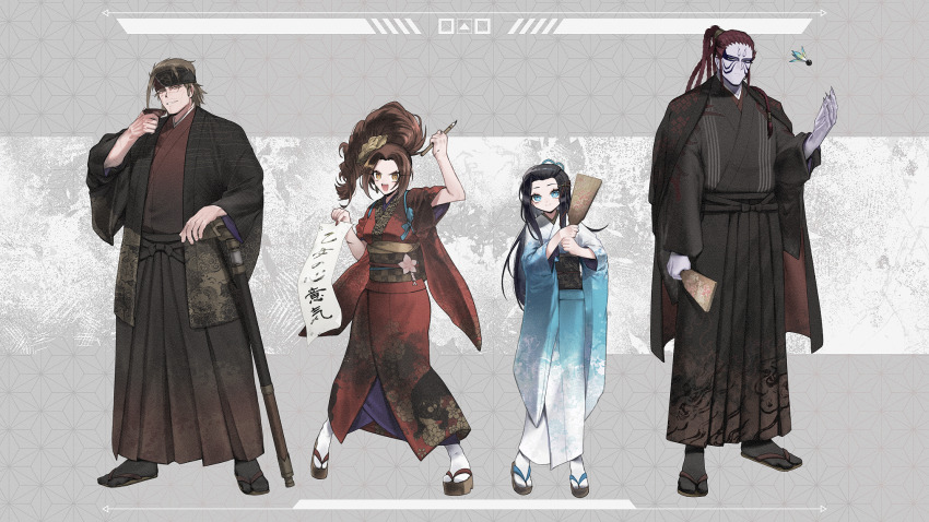black_hair blonde_hair blue_eyes brown_eyes calligraphy_brush cane cape choko_(cup) colored_skin cup dreadlocks facial_hair father_and_daughter flower fuuma_kotarou grey_skin hair_flower hair_ornament hair_ribbon hakama hayakawa-dono headband highres hojo_ujiyasu japanese_clothes kaihime kimono long_hair long_sleeves obi paintbrush parted_bangs platform_sandals ponytail racket red_hair ribbon sandals sash scar scroll sengoku_musou shuttlecock smile stubble tabi