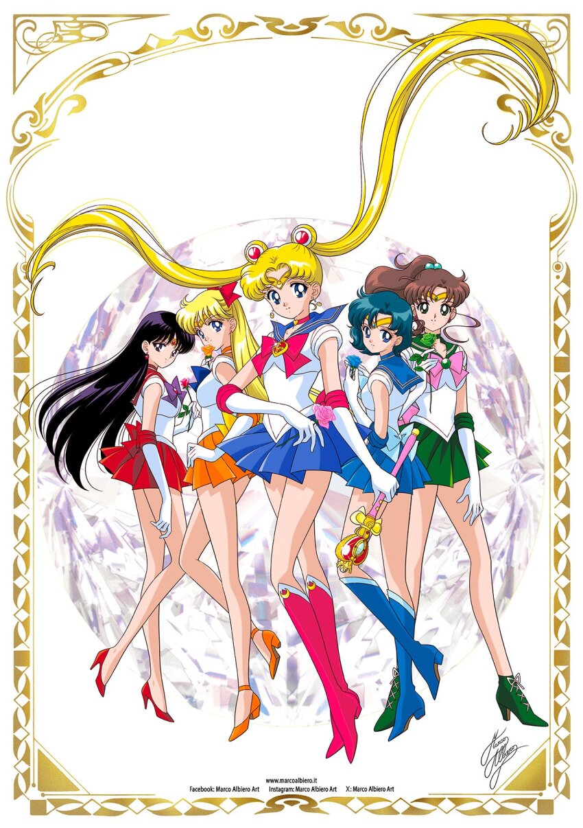 5girls aino_minako artist_name back_bow bishoujo_senshi_sailor_moon black_hair blonde_hair blue_choker blue_eyes blue_footwear blue_hair blue_sailor_collar blue_skirt boots bow brown_hair choker circlet crescent crescent_earrings cross-laced_footwear double_bun earrings elbow_gloves flower flower_earrings gloves green_eyes green_sailor_collar green_skirt hair_bobbles hair_bow hair_bun hair_ornament heart heart_choker high_heels highres hino_rei inner_senshi jewelry kino_makoto long_hair looking_at_viewer magical_girl marco_albiero mizuno_ami moon_stick_(sailor_moon) multiple_girls orange_choker orange_sailor_collar orange_shoes orange_skirt pink_bow pleated_skirt ponytail purple_eyes red_bow red_choker red_footwear red_sailor_collar red_skirt rose sailor_collar sailor_jupiter sailor_mars sailor_mercury sailor_moon sailor_senshi sailor_senshi_uniform sailor_venus shoes short_hair signature simple_background skirt smile thigh_boots transformation_brooch_(sailor_moon) tsukino_usagi twintails twitter_username white_background white_gloves