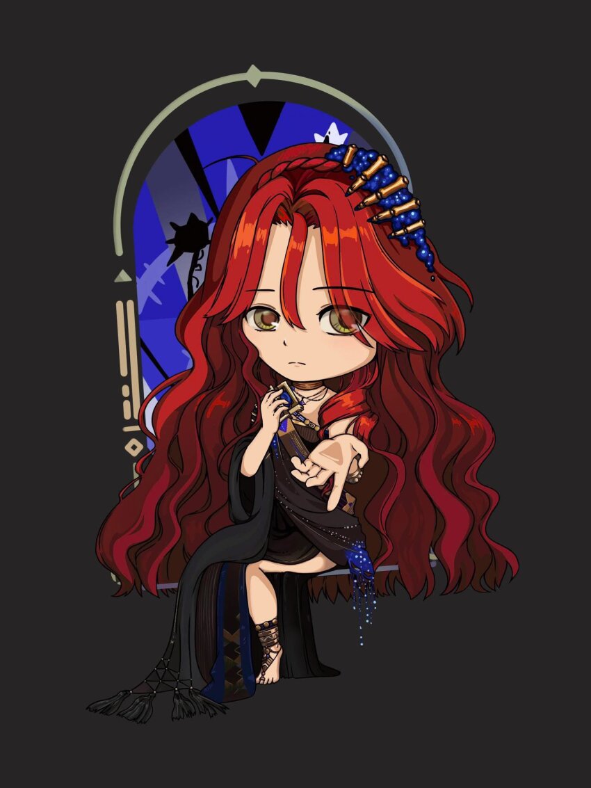 1girl anklet barefoot black_background black_dress chooviia closed_mouth deformed dress frown full_body gold_choker green_eyes hair_between_eyes hair_ornament highres holding_pendant jewelry long_hair looking_at_viewer outstretched_hand red_hair reverse:1999 single_off_shoulder sitting solo sophia_(manus_vindictae)_(reverse:1999) sophia_(reverse:1999)