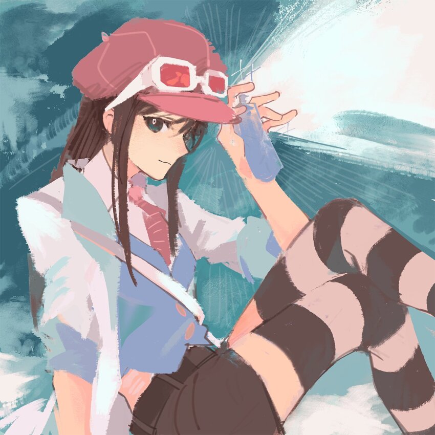 1girl :3 ace_attorney ace_attorney_investigations blue_eyes blue_vest brown_hair brown_shorts crayon_(medium) crossed_legs device ema_skye eyewear_on_headwear hand_up hat highres holding kyoii lab_coat long_hair looking_at_viewer necktie pink_hat pink_necktie red-tinted_eyewear shirt shorts sitting solo striped_clothes striped_thighhighs thighhighs tinted_eyewear traditional_media vest white_shirt