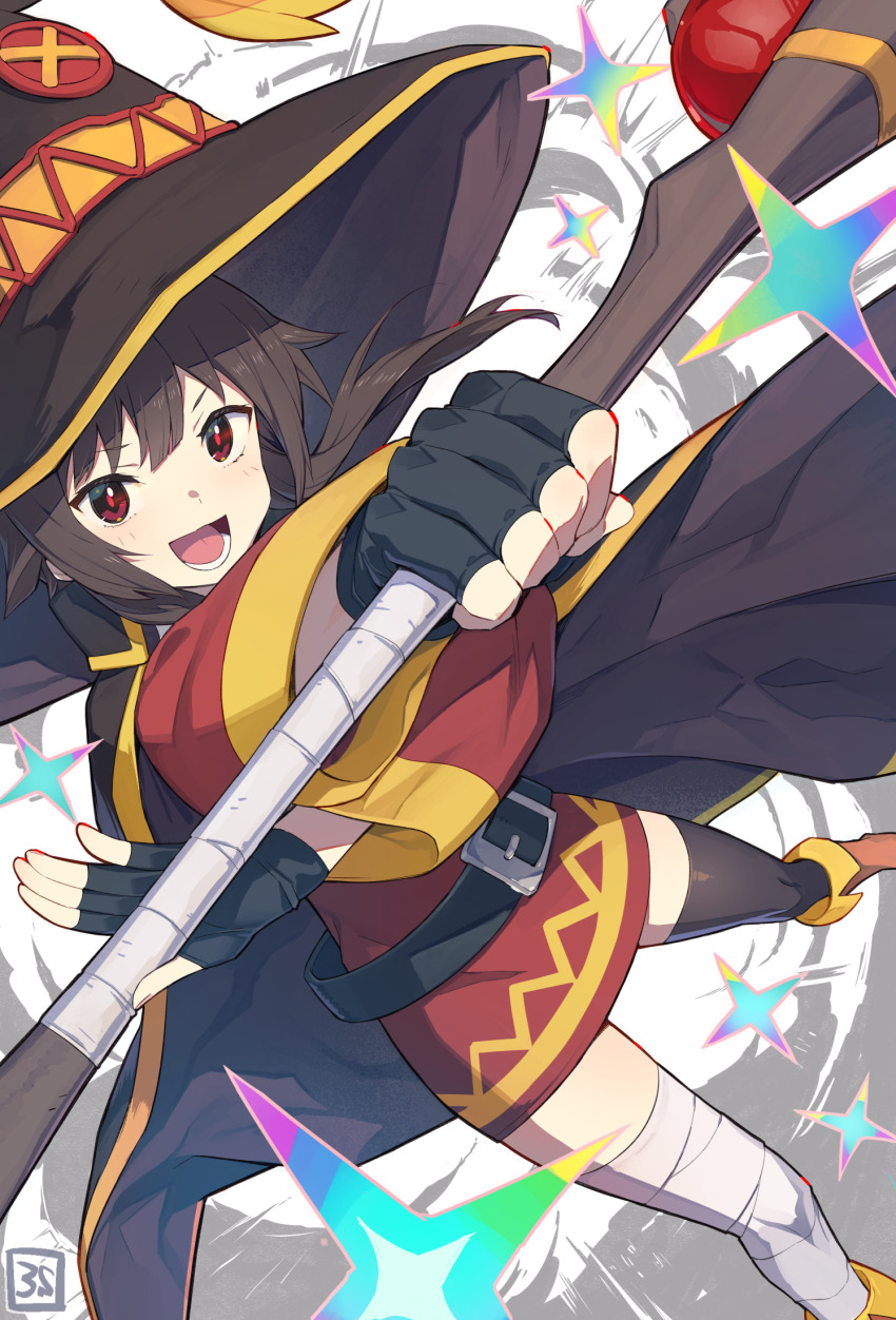 1girl 3s_(tarariko) artist_logo asymmetrical_legwear bandaged_leg bandages belt black_belt black_cape black_gloves black_thighhighs brown_hair brown_hat button_eyes buttons cape commentary dress fingerless_gloves floating_hair foot_out_of_frame foreshortening gloves hat highres holding holding_staff kono_subarashii_sekai_ni_shukufuku_wo! legs_apart logo long_sleeves looking_at_viewer mage_staff megumin mismatched_legwear open_mouth outstretched_arm red_dress red_eyes short_dress short_hair_with_long_locks single_thighhigh smile solo staff thighhighs wide_sleeves witch_hat