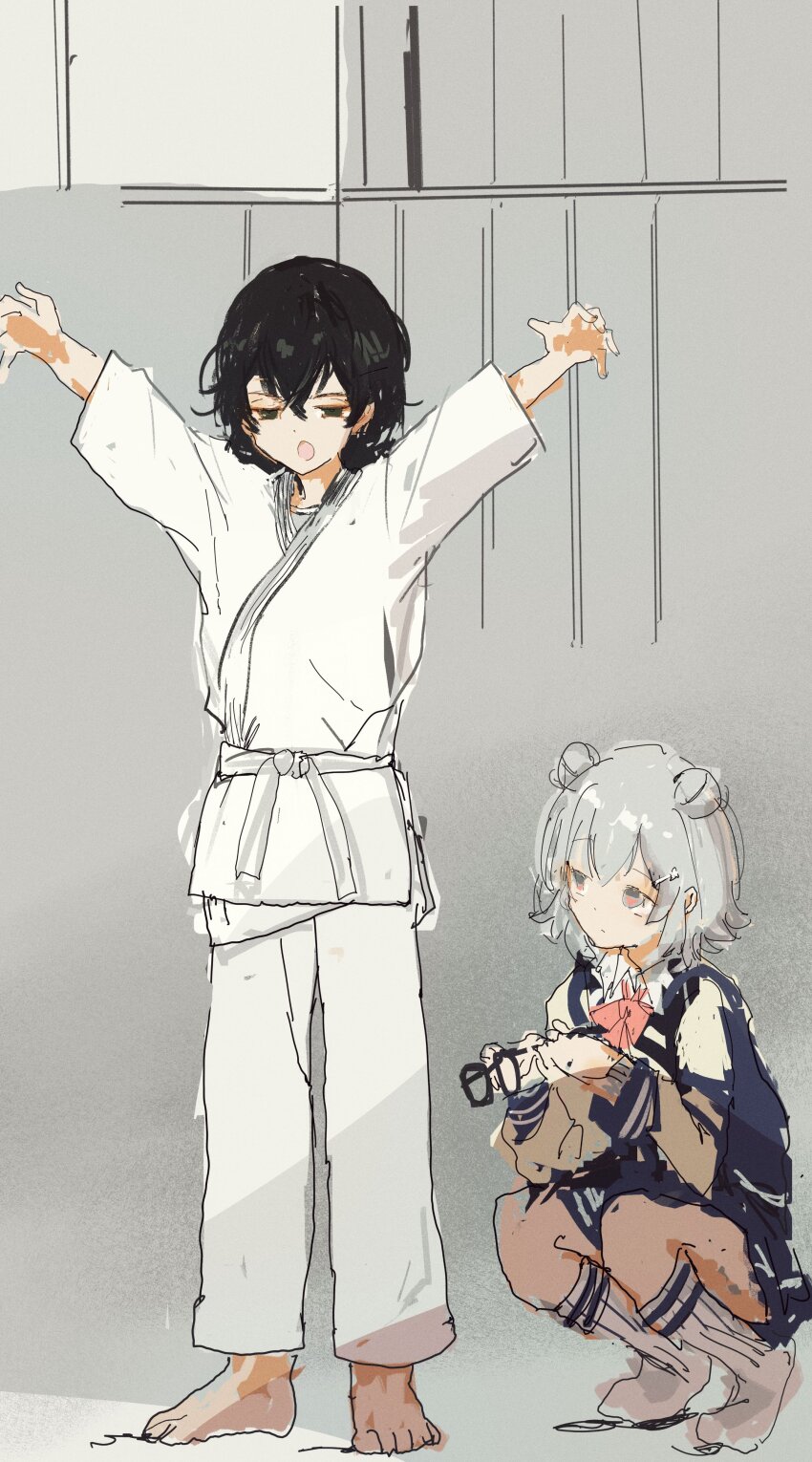 2girls absurdres alternate_costume arms_up barefoot belt black_eyes black_hair black_jacket black_skirt bow bowtie cevio commentary_request double_bun dougi full_body hair_bun half-closed_eyes hanakuma_chifuyu highres holding holding_removed_eyewear indoors jacket kabuyama_kaigi kneehighs koharu_rikka long_hair long_sleeves looking_at_another multiple_girls no_shoes outstretched_arms pants pink_bow pink_bowtie pink_eyes school_uniform short_hair skirt socks spread_arms squatting squinting synthesizer_v unworn_eyewear white_belt white_pants white_socks