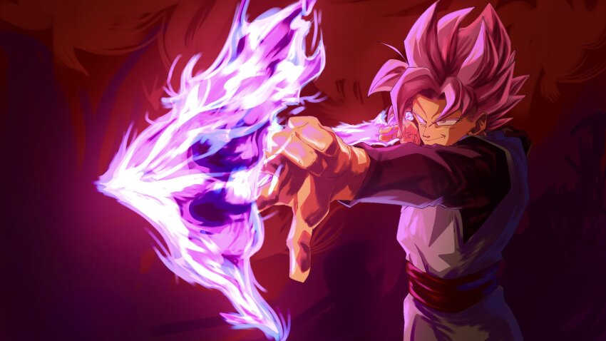 1boy arrow_(projectile) bad_id bad_twitter_id black_shirt cowboy_shot dougi dragon_ball dragon_ball_super energy_arrow goku_black grey_tunic highres male_focus medium_hair nishitakuart pink_eyes pink_hair red_background red_sash sash shirt solo spiked_hair super_saiyan super_saiyan_rose tunic