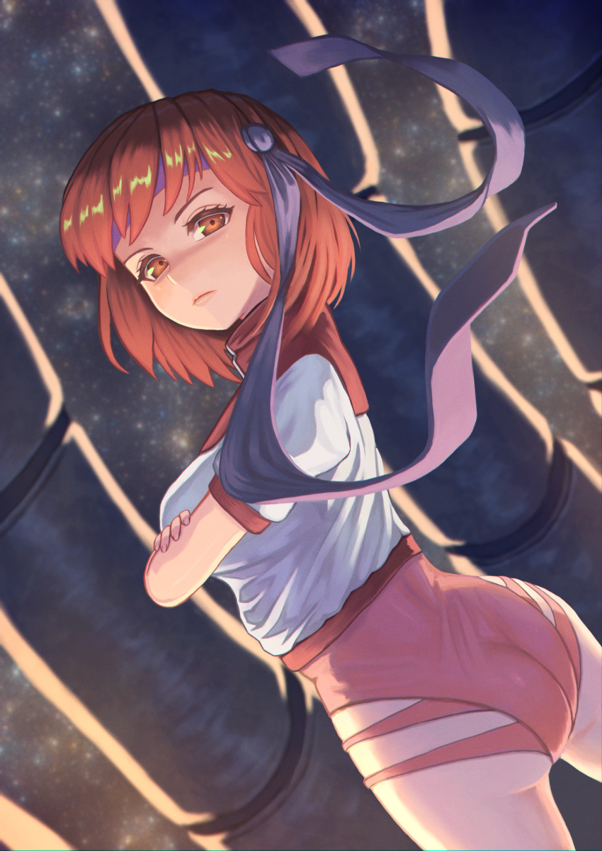 1980s_(style) 1girl angry blue_headband breasts brown_eyes brown_hair closed_mouth crop_top crossed_arms frown gao_wei gunbuster_pose headband highres hip_vent leotard leotard_under_clothes long_hair looking_at_viewer mecha medium_breasts medium_hair multicolored_shirt multiple_girls oldschool pink_leotard purple_leotard red_shirt retro_artstyle robot shiny_skin shirt short_hair short_sleeves single_vertical_stripe skindentation sleeve_cuffs solo standing takaya_noriko thighs top_wo_nerae! top_wo_nerae!_(series) wedgie white_shirt wristband