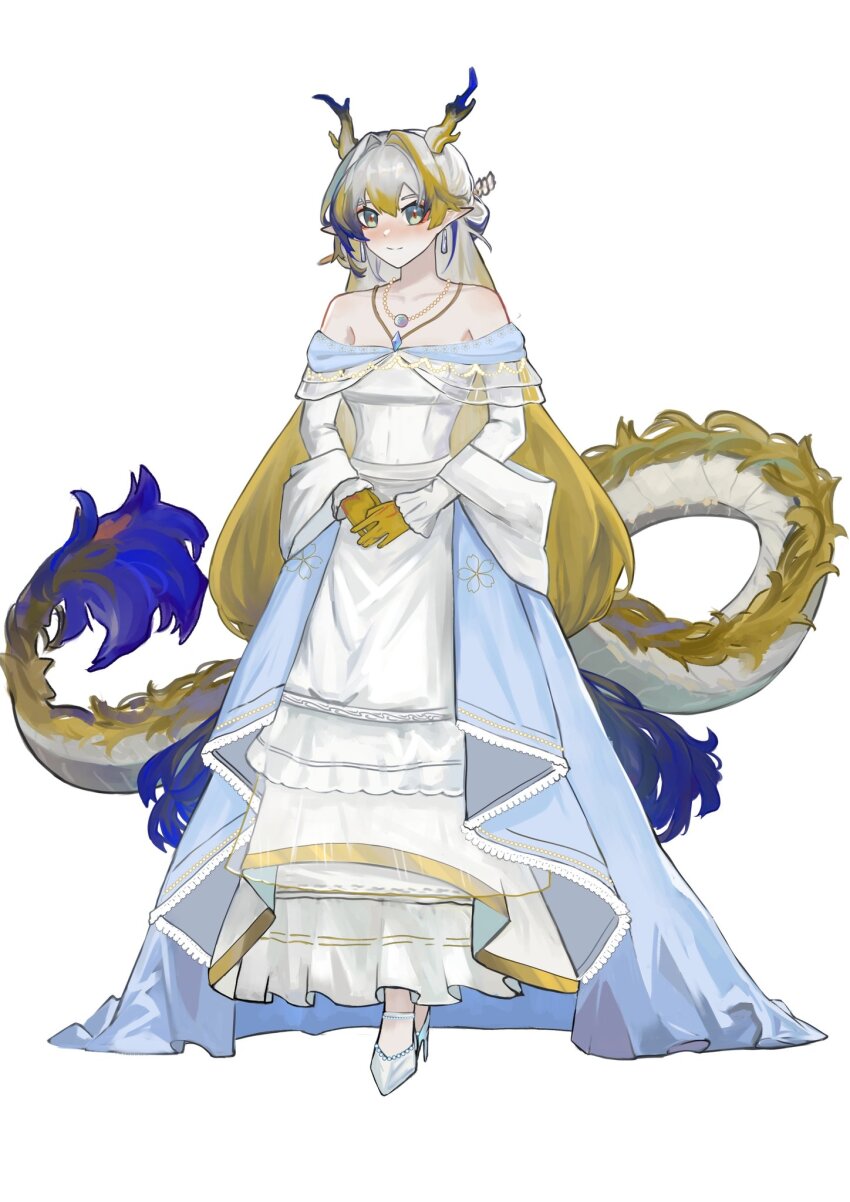 1girl alternate_costume arknights bare_shoulders blonde_hair blue_hair blush closed_mouth colored_extremities commentary dragon_girl dragon_horns dragon_tail dress earrings english_commentary full_body green_eyes grey_hair highres horns ikmaln300_(mal008) jewelry long_dress long_hair long_sleeves looking_at_viewer multicolored_hair necklace off_shoulder own_hands_together pointy_ears shu_(arknights) simple_background solo standing tail train_(clothing) very_long_hair wedding_dress white_background white_dress