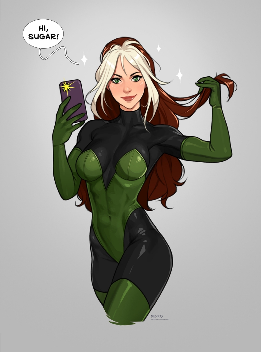 1girl artist_name breasts brown_hair cellphone closed_mouth covered_navel cropped_legs english_text green_eyes grey_background highres holding holding_phone long_hair looking_at_viewer marvel medium_breasts multicolored_hair olena_minko patreon_username phone rogue_(x-men) simple_background smartphone smile solo sparkle speech_bubble superhero_costume two-tone_hair watermark web_address white_hair x-men