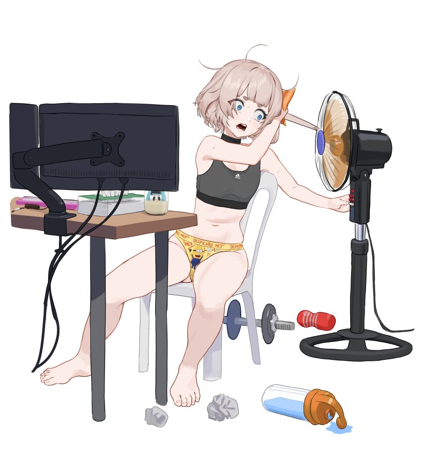 1girl absurdres adidas artist_name barefoot blue_eyes bottle brand_name_imitation breasts carlo_montie character_doll crumpled_paper cum desk despicable_me doll dumbbell electric_fan full_body grey_sports_bra hatsune_miku highres indie_virtual_youtuber jar light_brown_hair marimari_(vtuber) minion_(despicable_me) monitor navel open_mouth panties print_panties short_hair simple_background small_breasts solo sports_bra sweat tenga tissue_box underwear virtual_youtuber vocaloid water_bottle white_background yellow_panties