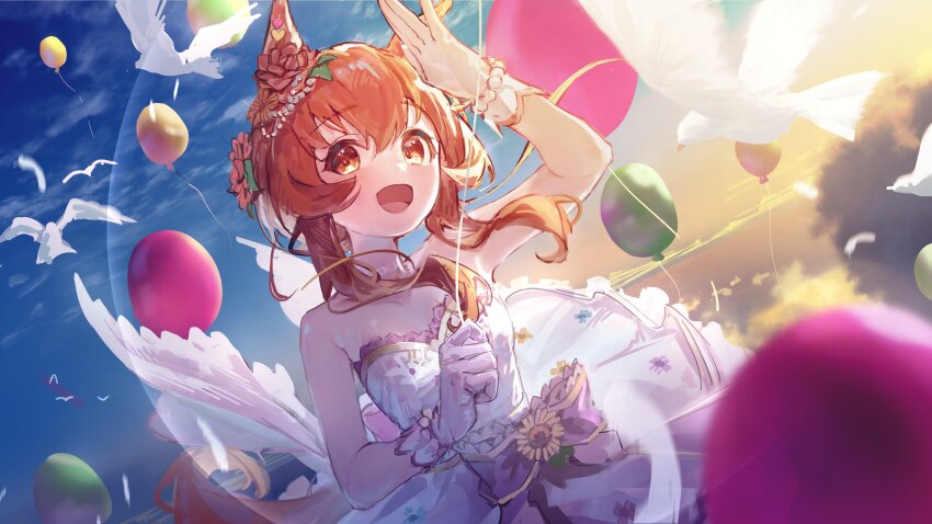 1girl absurdres animal_ears arm_up balloon bare_shoulders bird bracelet breasts cloud dress ear_ornament flower gloves hair_flower hair_ornament highres horse_ears jewelry looking_at_viewer mayano_top_gun_(sunlight_bouquet)_(umamusume) mayano_top_gun_(umamusume) medium_hair open_mouth orange_eyes orange_hair shading_eyes simple_bird small_breasts smile solo strapless strapless_dress sunset umamusume upper_body white_dress white_gloves yu_hydra