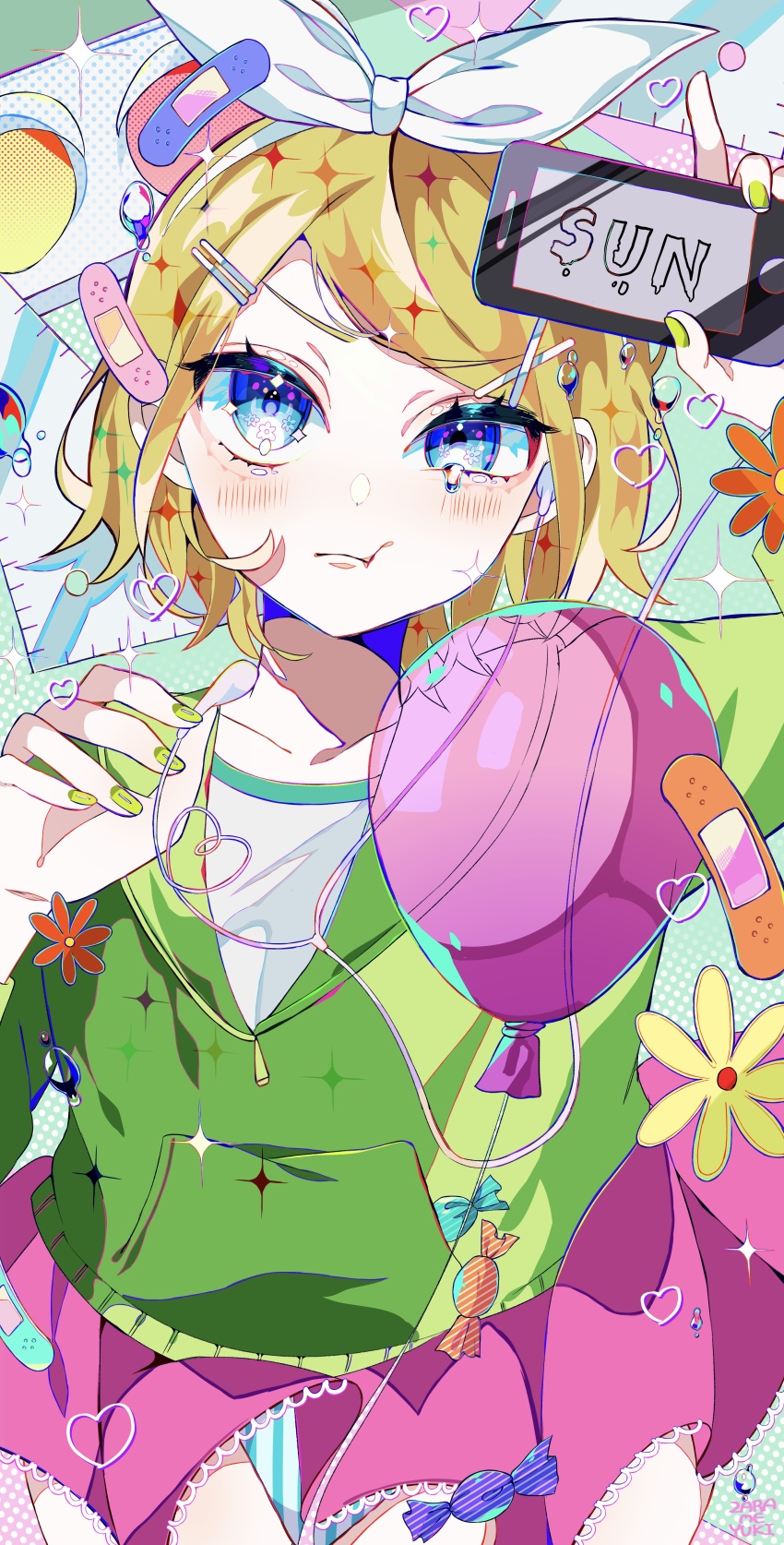 1girl :t absurdres arm_up artist_name balloon bandaid blonde_hair blue_eyes blue_panties candy collarbone commentary_request cowboy_shot dot_nose dropping earbuds earphones eyeliner eyes_visible_through_hair floating_tears flower_in_eye flower_symbol food green_background green_jacket green_nails hair_ornament hair_ribbon hairclip hand_up heart highres holding holding_phone hood hooded_jacket index_finger_raised jacket kagamine_rin kagamine_rin_(melancholy) lace lace-trimmed_skirt lace_trim long_sleeves looking_at_viewer makeup mascara melancholic_(vocaloid) panties phone pinching pink_skirt pocket polka_dot polka_dot_background pout ribbon screentones shirt short_hair skirt solo star_(symbol) star_in_eye striped_clothes striped_panties swept_bangs symbol_in_eye tearing_up traffic_light transparent underwear vertical-striped_clothes vertical-striped_panties vocaloid white_panties white_ribbon white_shirt zarame_yuki
