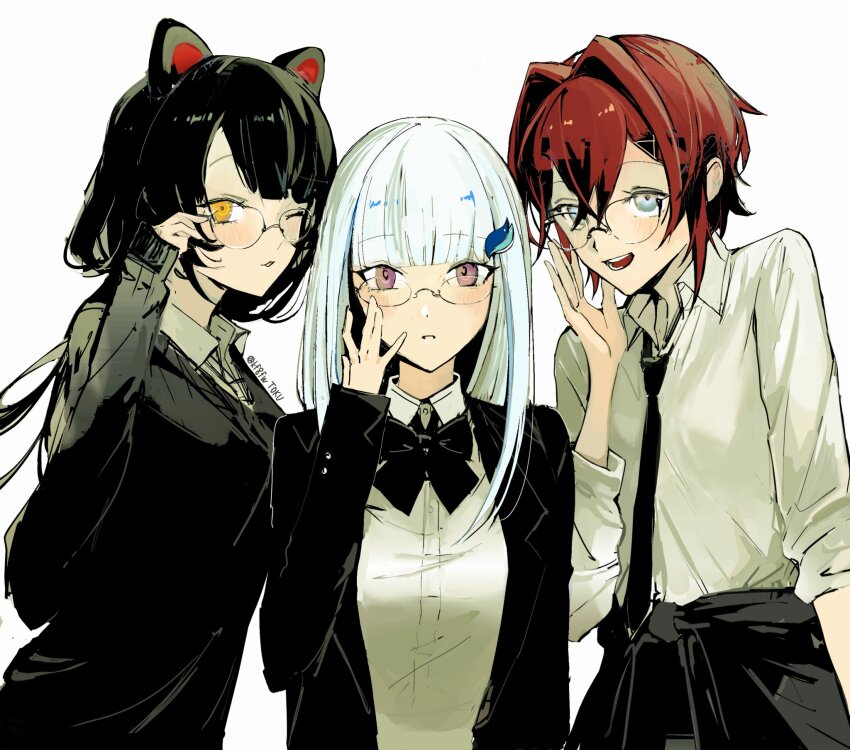3girls adjusting_eyewear alternate_costume ange_katrina animal_ears aqua_eyes artist_name black_bow black_bowtie black_hair black_jacket black_necktie blunt_bangs blush bow bowtie breasts collared_shirt commentary_request crossed_bangs dog_ears glasses hair_between_eyes hair_intakes hair_ornament hand_up highres inui_toko jacket kf8fw lize_helesta long_hair long_sleeves looking_at_viewer multiple_girls necktie nijisanji one_eye_closed open_clothes open_jacket parted_lips purple_eyes red_hair sanbaka_(nijisanji) shirt short_hair sidelocks simple_background sleeves_rolled_up small_breasts smile teeth twitter_username virtual_youtuber white_background white_hair white_shirt yellow_eyes