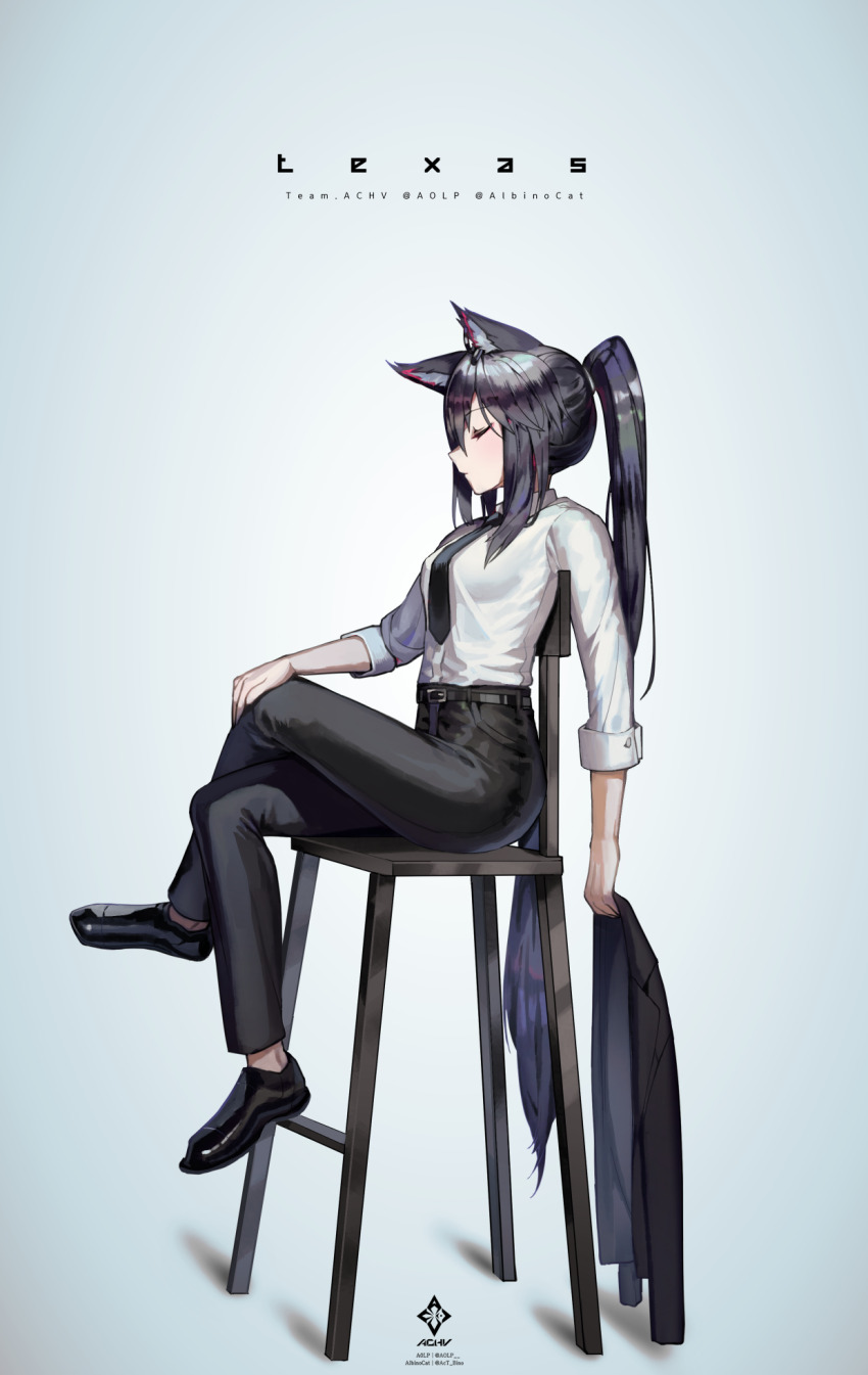 1girl a0lp alternate_costume arknights belt black_footwear black_hair black_necktie black_pants character_name closed_eyes closed_mouth collared_shirt crossed_legs formal_clothes from_side high_chair highres holding holding_unworn_clothes holding_jacket holding_unworn_clothes jacket looking_at_viewer necktie pants ponytail shirt simple_background sitting sleeves_rolled_up smile solo suit tail texas_(arknights) unworn_jacket white_background white_shirt