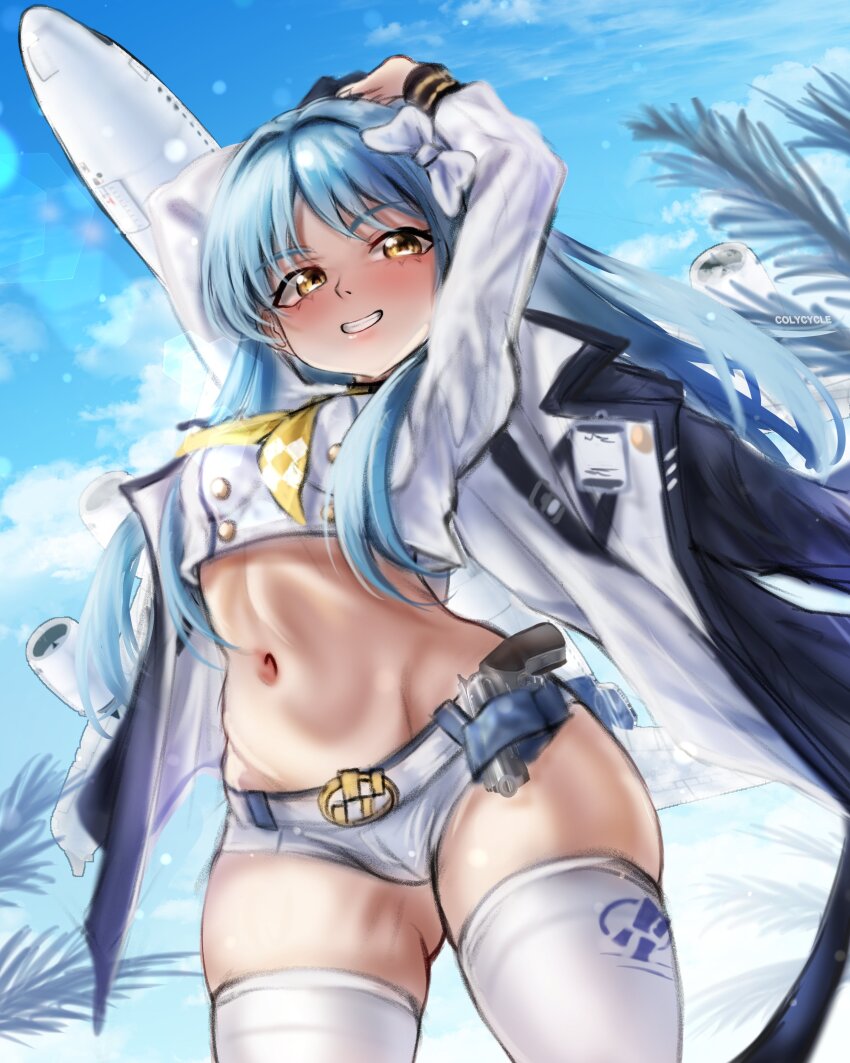 1girl absurdres aircraft airplane blue_hair bow breasts colycycle cropped_shirt derringer gluteal_fold goddess_of_victory:_nikke gun hair_bow handgun highres holster id_card jacket jacket_on_shoulders long_hair long_sleeves looking_at_viewer midriff navel necktie oversized_jacket shiny_skin shirt shorts skindentation sky_(nikke) small_breasts solo standing thighhighs thighs two-sided_fabric two-sided_jacket weapon white_bow white_shorts white_thighhighs yellow_eyes yellow_necktie