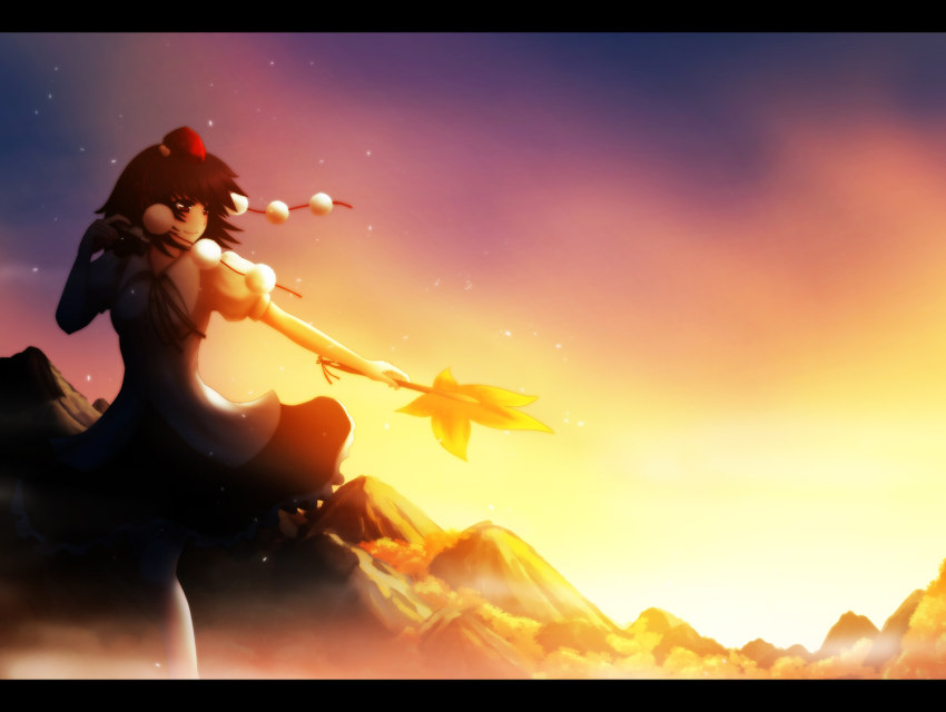 1girl bad_id bad_pixiv_id brown_hair delant hand_fan female_focus hachifuku hat letterboxed looking_away mountain red_eyes shameimaru_aya short_hair sky smile solo star_(symbol) sunset tokin_hat touhou