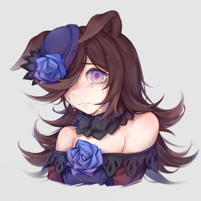 1girl animal_ears bare_shoulders black_hair blue_eyes blue_flower blue_rose closed_mouth crying crying_with_eyes_open dress ears_down flower frilled_dress frills frown furrowed_brow green_eyes grey_background hair_over_one_eye hat horse_ears horse_girl layered_collar long_bangs long_hair looking_at_viewer messy_hair multicolored_eyes off-shoulder_dress off_shoulder purple_dress purple_hat rice_shower_(umamusume) rose simple_background solo tears tilted_headwear umamusume very_long_hair yi_-xiv