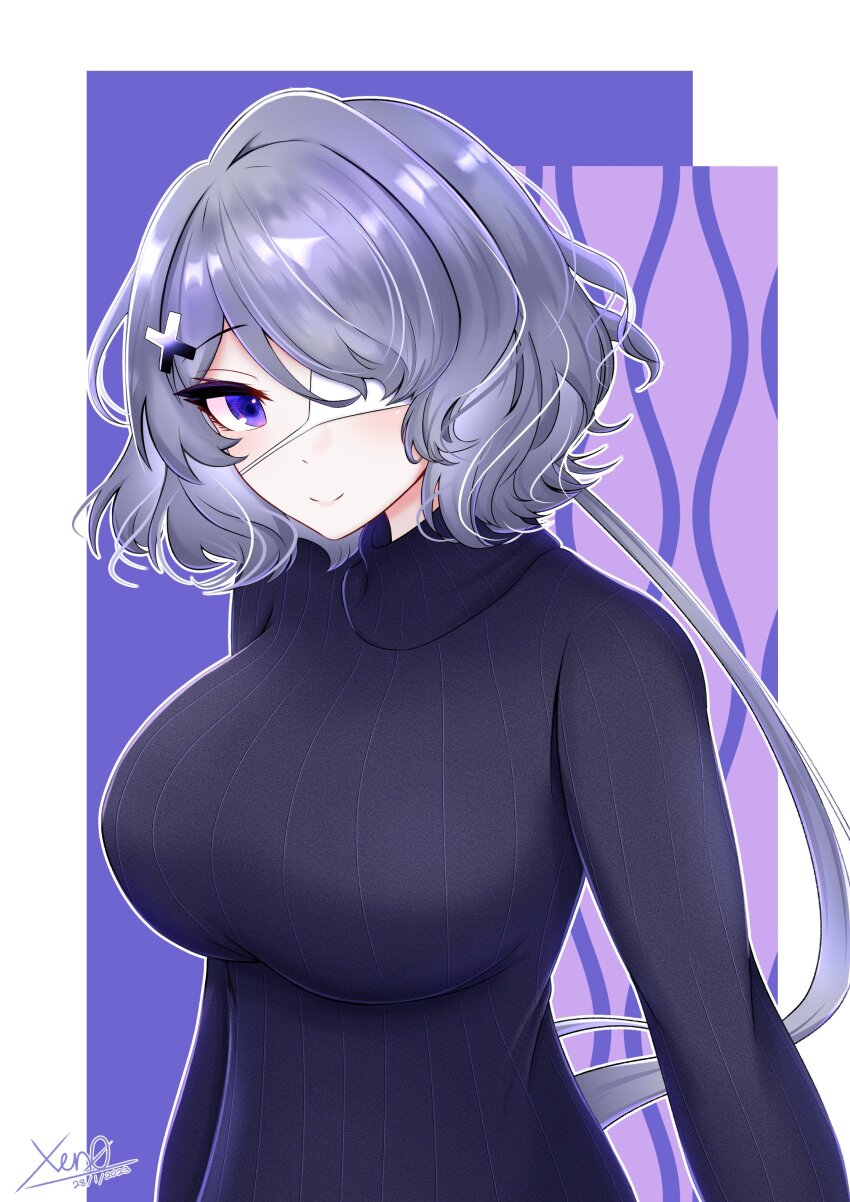 1girl absurdres arknights blue_eyes blush breasts hair_ornament highres large_breasts long_sleeves looking_at_viewer one_eye_covered open_mouth purple_hair shirt short_hair simple_background skirt smile solo whisperain_(arknights) xen0moonz
