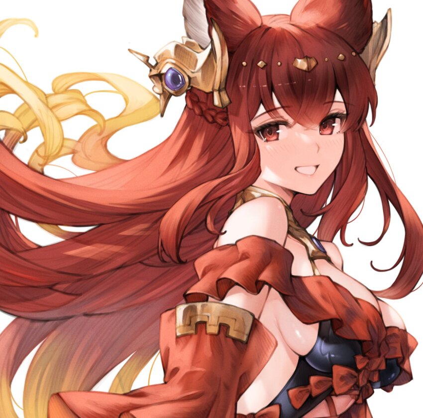 1girl animal_ears anthuria bare_shoulders blush breasts cleavage collarbone detached_sleeves dress erune gradient_hair granblue_fantasy hair_between_eyes hair_ornament highres koretsuki_azuma large_breasts long_hair looking_at_viewer multicolored_hair red_dress red_eyes red_hair red_sleeves revision sideless_outfit simple_background smile solo upper_body white_background