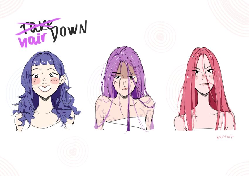 3girls absurdres artist_name blunt_bangs blush commentary hair_between_eyes highres kpop_demon_hunters long_hair looking_at_viewer mira_(kpop_demon_hunters) multiple_girls pink_hair purple_hair rumi_(kpop_demon_hunters) shirt simple_background smile vvvimint white_background white_shirt zoey_(kpop_demon_hunters)