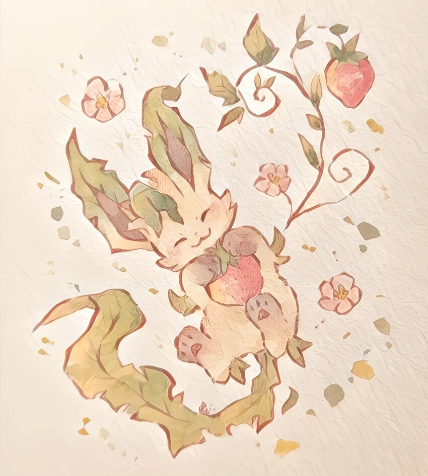 :3 ^_^ animal_focus closed_eyes closed_mouth facing_viewer flower food fruit gen_4_pokemon highres holding holding_food holding_fruit leafeon nintendo no_humans pink_flower pokemon pokemon_(creature) rai_(rai_kw) smile solo strawberry