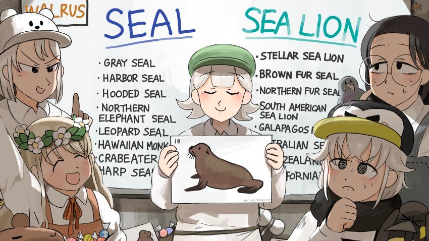 5girls :d @_@ absurdres bear_hat bird black_hair black_scarf candy capybara capybara_keeper_(diva) closed_eyes commentary diva_(hyxpk) donut_stamp duck english_commentary english_text food glasses green_hat grey_hair grey_overalls hat head_wreath highres king_penguin long_hair multiple_girls neck_ribbon open_mouth orange_overalls orange_ribbon overalls penguin penguin_hat penguin_keeper_(diva) pigeon polar_bear_keeper_(diva) ribbon round_eyewear scarf seal_keeper_(diva) shirt short_hair slice_of_life smile urban_area_keeper_(diva) white_hat white_shirt zoo zookeeper zookeepers_(diva)