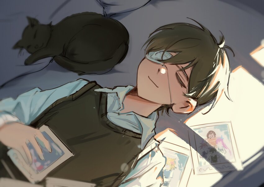 1boy aubrey_(faraway)_(omori) aubrey_(omori) basil_(faraway)_(omori) basil_(omori) black_hair black_sweater_vest cat closed_eyes collared_shirt eyepatch hero_(faraway)_(omori) hero_(omori) highres holding holding_photo kel_(faraway)_(omori) kel_(omori) male_focus mari_(faraway)_(omori) mari_(omori) mewo niu_tata omori photo_(object) shirt short_hair short_sleeves solo spoilers sunny_(omori) sweater_vest white_shirt