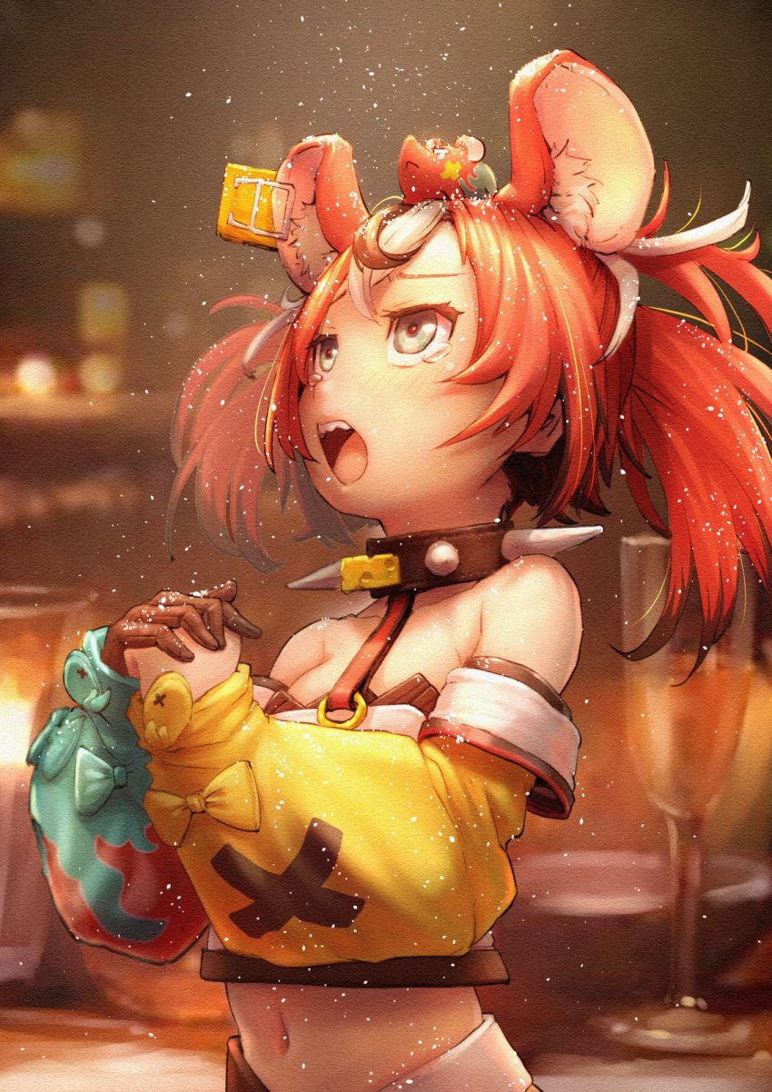 1girl animal_ears bare_shoulders blurry blurry_background collar commentary crop_top detached_sleeves glass grey_eyes hair_between_eyes hakos_baelz highres hololive hololive_english looking_up meme midriff mitsuru_(uramitsuru1206) mouse_ears mouse_girl mr._squeaks_(hakos_baelz) navel open_mouth own_hands_together red_hair salt sharp_teeth short_hair sidelocks spiked_collar spikes symbol-only_commentary tearing_up teeth two_side_up virtual_youtuber